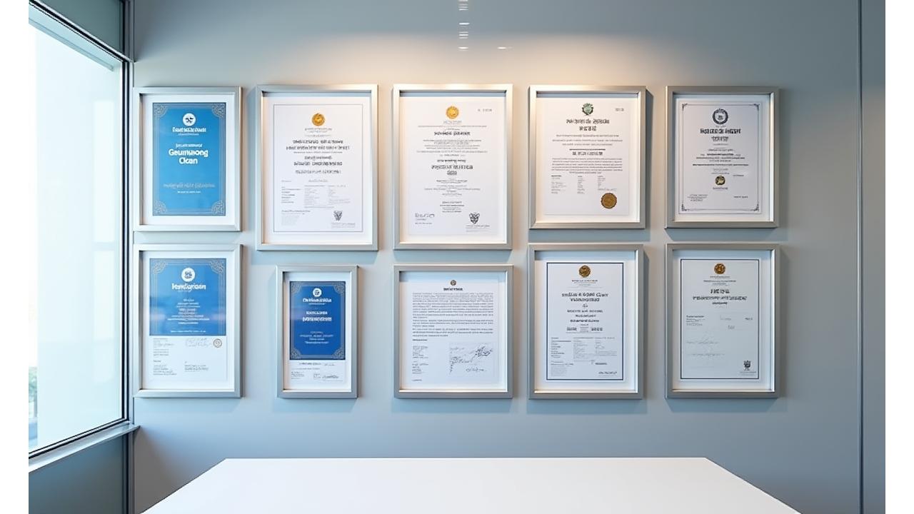 금성클린이 획득한 다양한 인증서와 표창장이 깔끔하게 전시된 모습.
