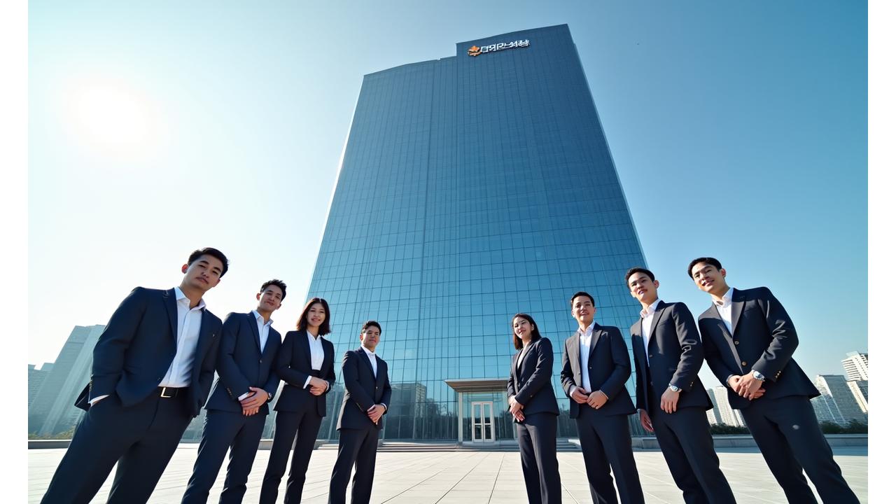 금성클린의 현대적인 회사 건물 외경과 활기찬 팀원들이 건물 앞에서 포즈를 취하는 모습