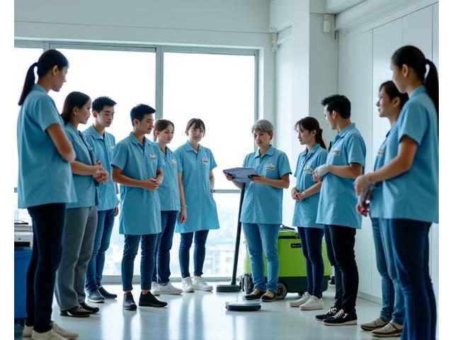 금성클린 직원들이 실습 교육장에서 청소 장비 사용법을 배우는 모습