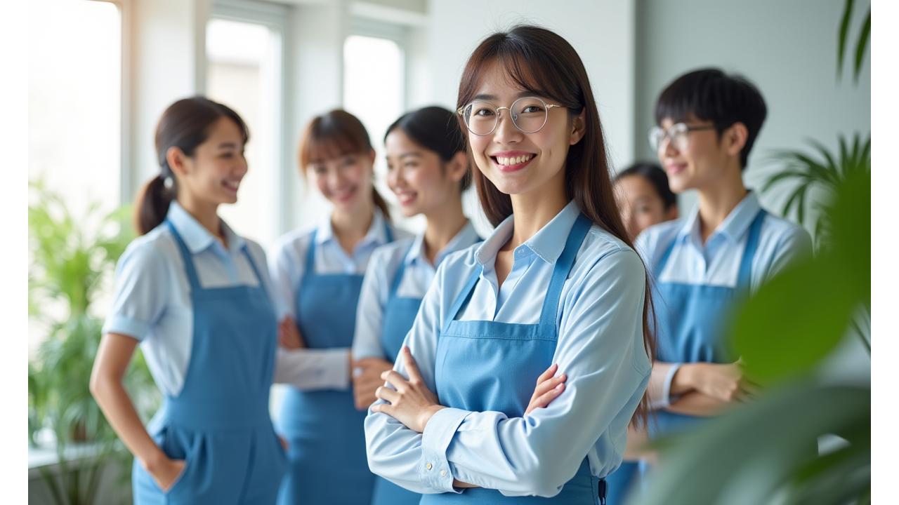 밝고 깨끗한 공간에서 팀원들이 함께 웃으며 이야기하는 모습. 뒤편에는 친환경 청소 도구들이 깔끔하게 정돈되어 있습니다.