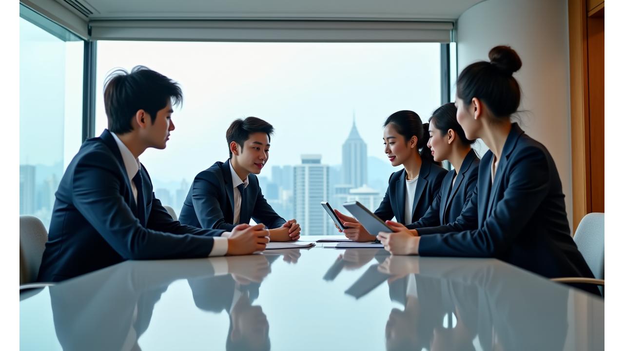 금성클린 리더십 팀원들이 회의실에서 활발하게 토론하는 모습. 전문적이고 협력적인 분위기입니다.