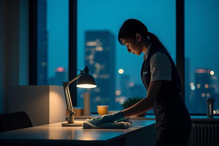 어두운 사무실에서 새벽 청소를 하는 금성클린 직원