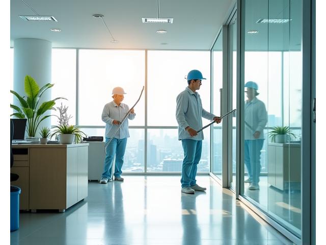 밝고 현대적인 사무실 환경에서 금성클린 전문 청소팀이 깨끗하게 청소하는 모습
