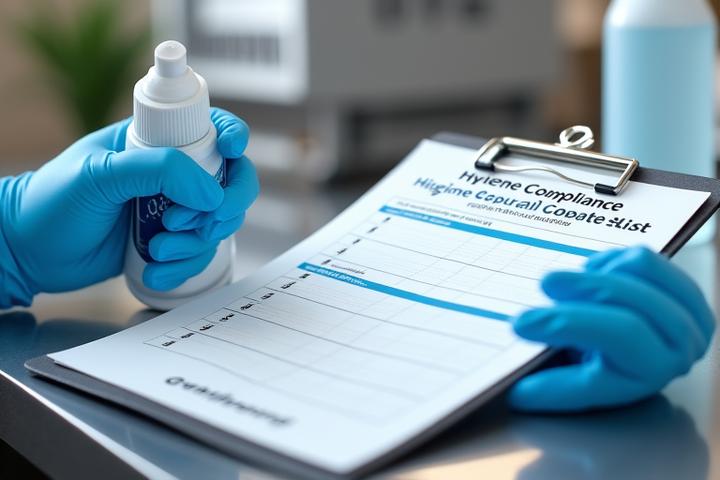 위생 점검 체크리스트와 클리닝 도구를 사용하여 청결 상태를 확인하는 금성클린 전문가