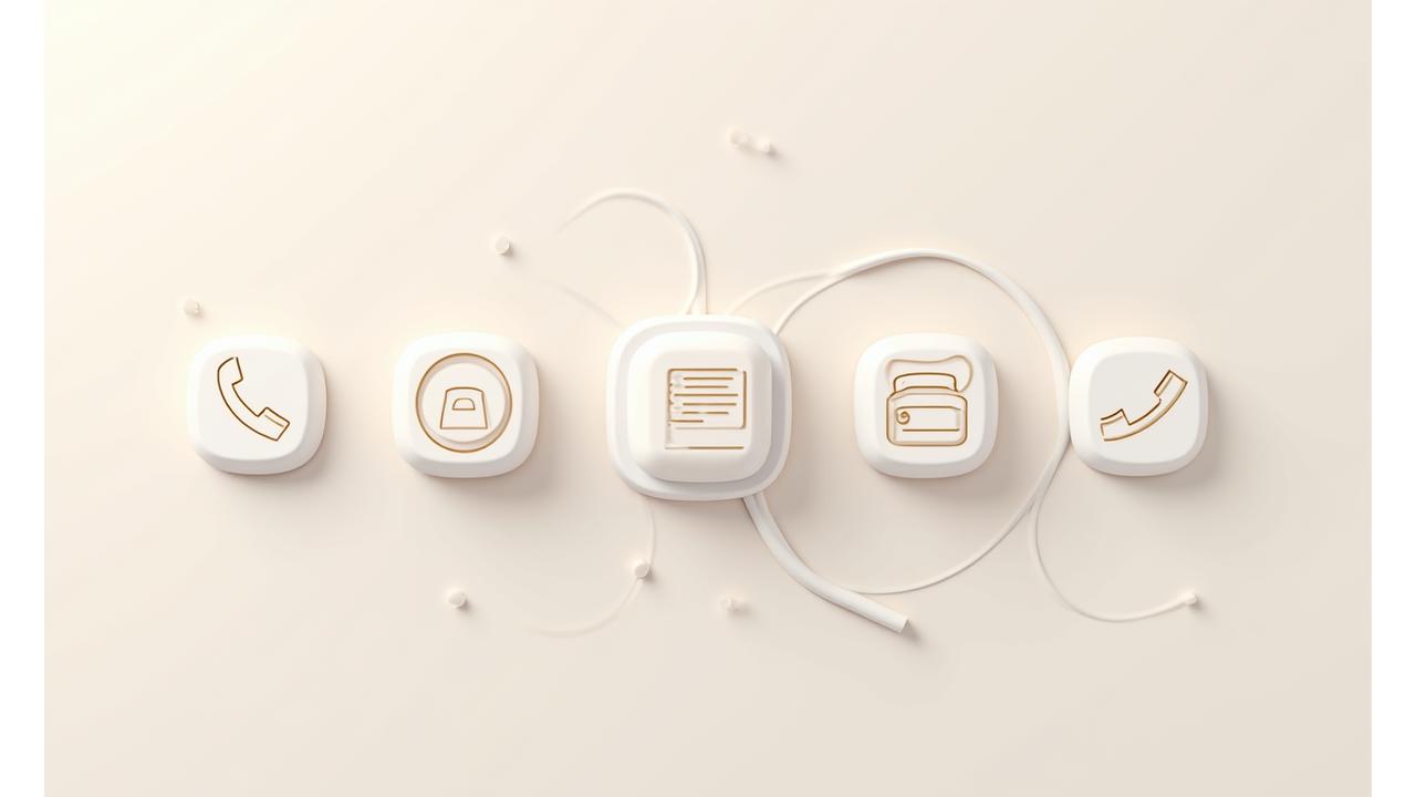 다양한 소통 수단이 아이콘화되어 모여있는 이미지. 전화, 메일, 채팅 앱 아이콘이 깔끔하게 정돈되어 고객과의 열린 소통을 상징합니다.