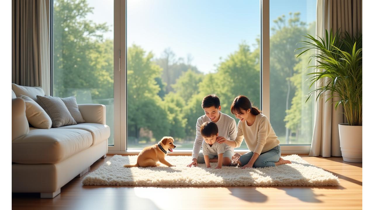 밝고 깨끗한 집에서 아이와 반려동물이 행복하게 놀고 있는 모습, 뒤로는 푸른 자연이 보이는 전경