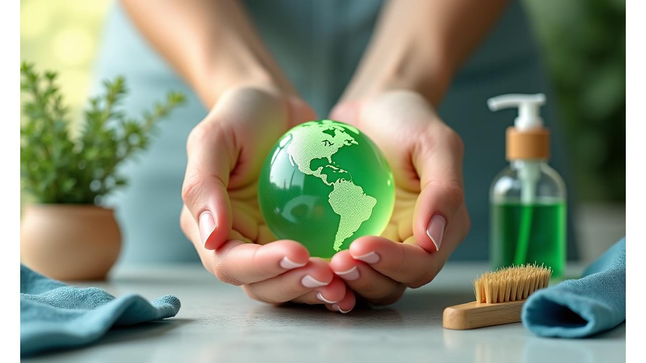 친환경 세제와 재활용 도구로 지구를 쓰다듬는 손 이미지
