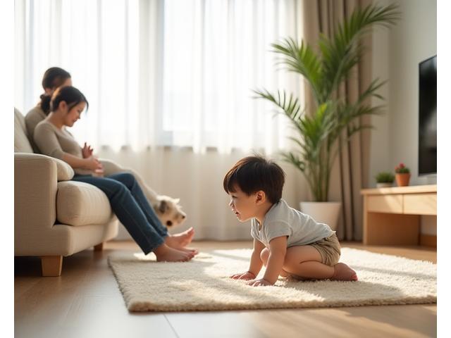 안전하게 놀고 있는 아이, 반려동물, 임산부가 있는 행복한 가족의 모습