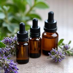 다양한 에센셜 오일 병과 허브 이미지
