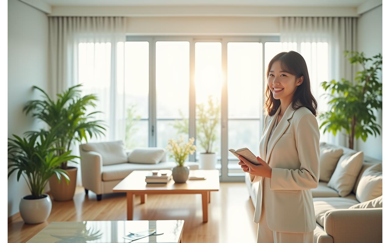 금성클린 직원이 깨끗하게 정리된 거실에서 웃고 있는 모습