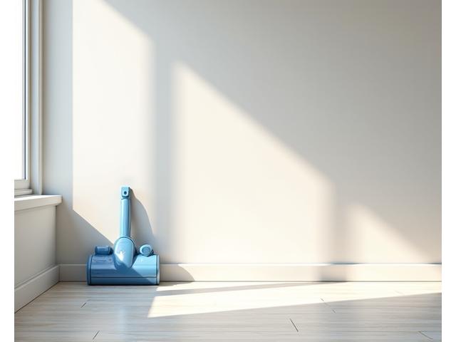 깨끗하게 비워진 새 아파트 거실에 청소 도구들이 깔끔하게 정돈되어 있고 햇살이 가득 들어오는 모습