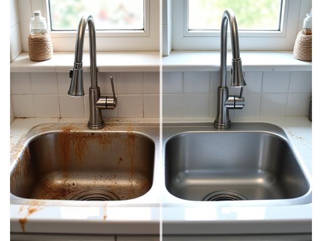 낡고 얼룩진 주방이 전문 청소 후 반짝이는 새 주방으로 변한 모습의 대비되는 사진