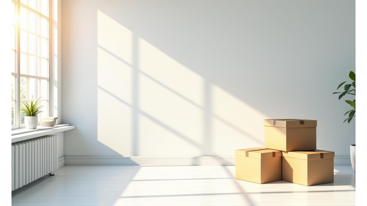새로운 집에 이삿짐 박스가 놓여있고, 창문 밖으로 햇살이 비치는 깨끗하고 설레는 분위기의 거실