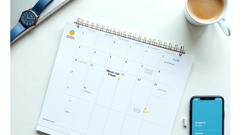 달력에 이사 날짜와 청소 일정이 명확하게 표시되어 있고, 시계와 손 시계가 함께 배치된 이미지