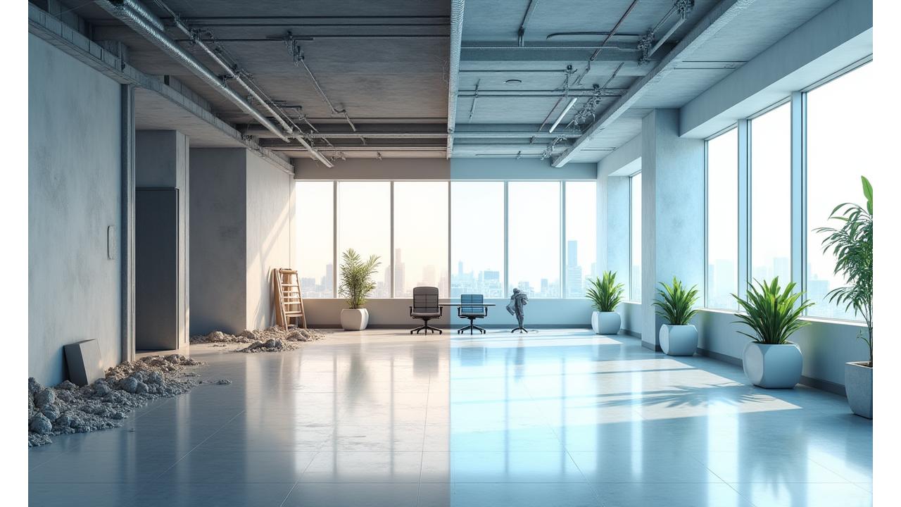 공사 현장과 깨끗하게 청소된 실내 공간 대비 이미지