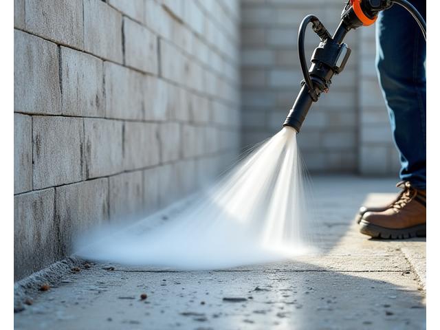 고압 세척기로 벽면을 청소하는 모습