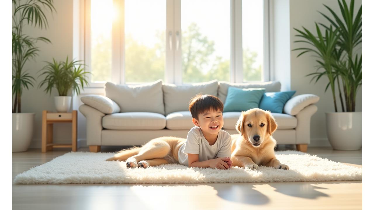 밝고 깨끗한 거실에서 아이와 반려견이 안전하게 뛰어노는 모습