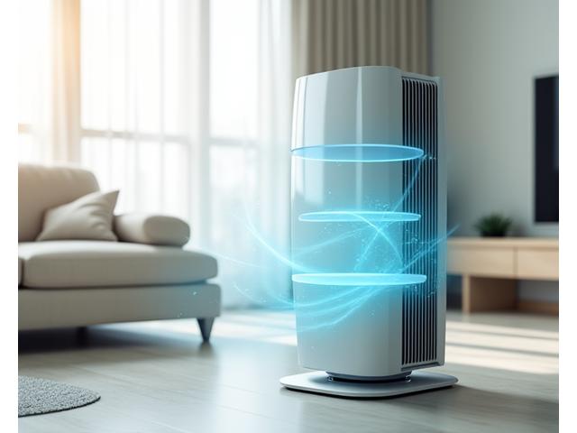 HEPA 필터와 함께 다단계 공기 정화 시스템을 갖춘 고급 공기 정화기가 깨끗한 공기를 내뿜는 모습