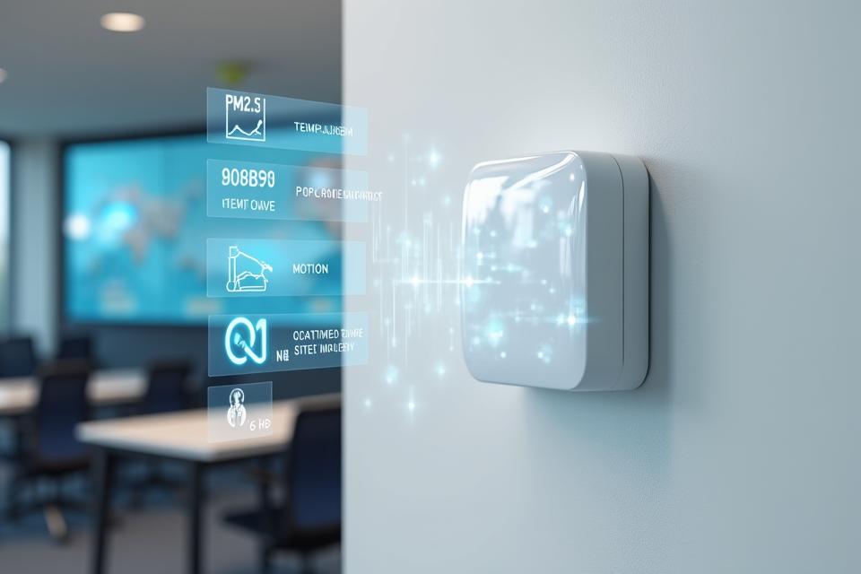 다양한 IoT 환경 센서들이 부착된 스마트 기기들이 사무실 또는 주거 공간에서 공기질, 습도, 온도 등을 실시간으로 측정하는 모습. 대시보드 화면에 데이터가 시각화되어 있는 장면 포함