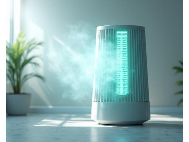 오존 발생기가 작동하며 깨끗해지는 공기를 상징하는 시각 효과가 배경에 있는 모습