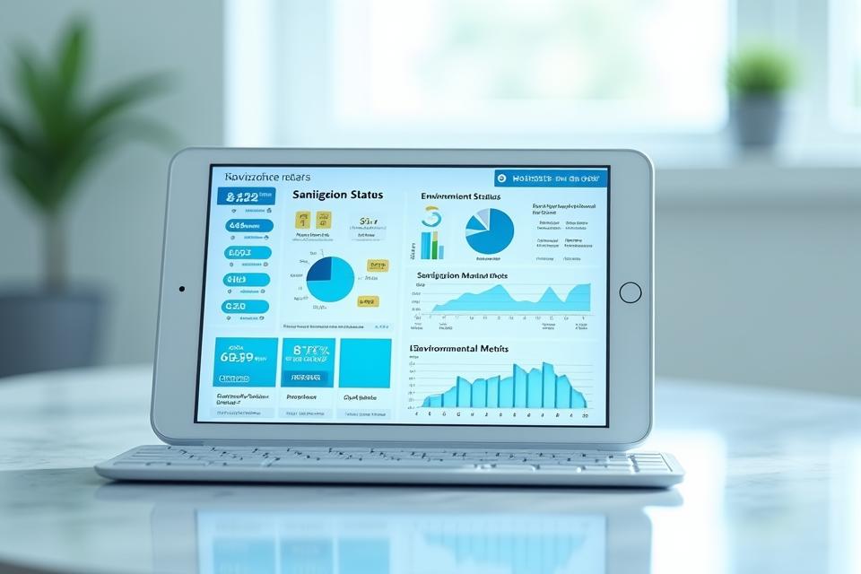 다양한 그래프와 차트, 수치 데이터로 구성된 방역 현황 실시간 모니터링 대시보드 화면. 모바일 앱과 연동된 모습도 함께 표현되어 있어 사용자에게 정보를 제공하는 장면