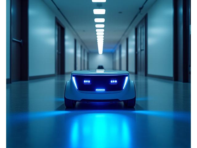 자율 주행하는 UV-C 살균 로봇이 사무실이나 복도를 이동하며 자외선을 이용해 소독하는 모습