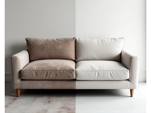 오염된 소파와 금성클린의 전문 클리닝 후 깨끗해진 소파가 슬라이더처럼 비교되는 모습