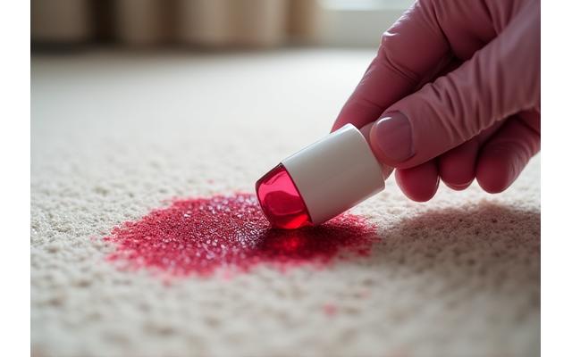 카펫의 와인 얼룩을 전문적으로 제거하는 모습