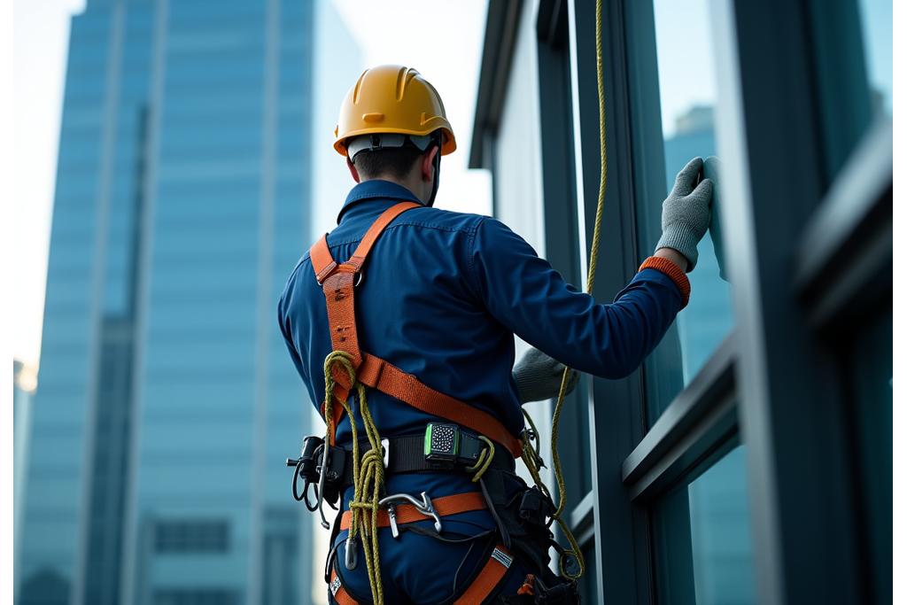 로프에 매달린 전문가가 안전 장비를 착용하고 고층 빌딩 창문을 닦는 모습