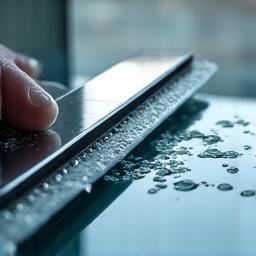 전문가가 스퀴지로 창문을 닦는 클로즈업