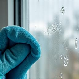 얼룩진 유리창에서 물때를 제거하는 모습